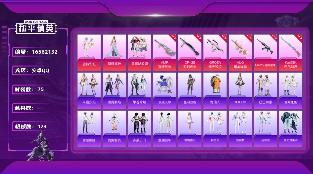 和平精英账号安卓QQ[16562132]安卓 手Q-3粉装-6特效枪-0载具-0粉色飞行器-33931热力值-4王牌印记-75套装-123枪皮
【热门品类】：套装-浪漫天命，套装-星河浪客，套装-龟仙人
【粉色套装】：粉