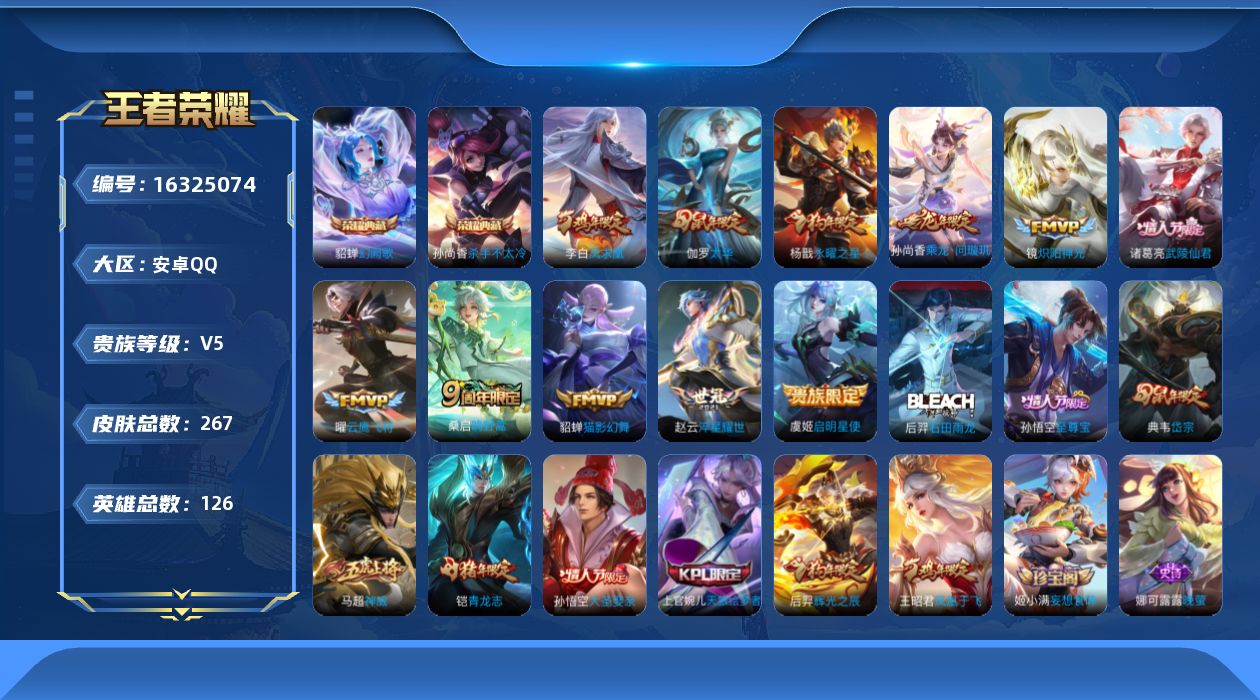 王者荣耀账号安卓QQ[16325074]安卓Q-V5-267皮肤-2典藏皮肤-11传说-76史诗
【英雄全皮】：孙权全皮
【荣耀典藏】：孙尚香杀手不太冷，貂蝉幻阙歌
【传说皮肤】：桑启鸣野蒿，孙尚香乘龙问璇玑，赵云淬星耀