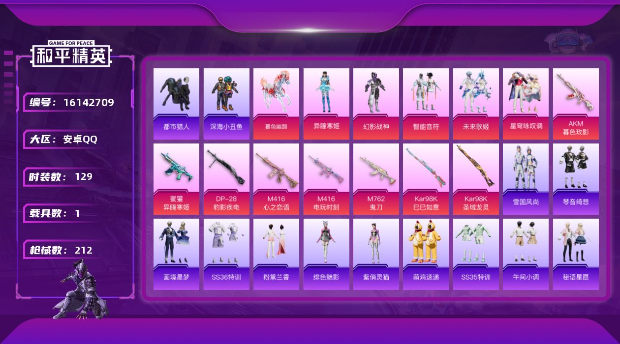 和平精英账号安卓QQ1载具-129套装-212枪皮-【1载具 8特效枪 5粉装 212枪皮 129套装】6.8w热力值,