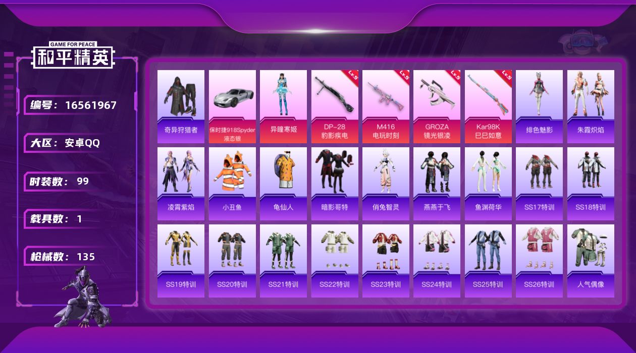 和平精英账号安卓QQ[16561967]安卓 手Q-2粉装-5特效枪-1载具-2粉色飞行器-36950热力值-2王牌印记-99套装-135枪皮
【热门品类】：套装-小丑鱼，套装-奇异狩猎者，套装-龟仙人，套装-暗影哥特
