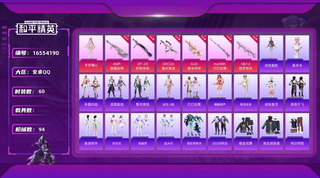 和平精英账号安卓QQ[16554190]安卓 手Q-1粉装-6特效枪-0载具-0粉色飞行器-25482热力值-3王牌印记-60套装-94枪皮
【粉色套装】：角色-羊梦糖心
【粉色枪皮等级】：GROZA-镜光银凌(五级)，