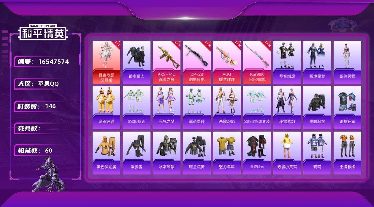 和平精英账号苹果QQ1红装 4特效枪 1印记 可二次 
【一级神装】一级暮色玫影-艾丽娅
【热门装扮】迅捷狂鲨,鹰眼刺客