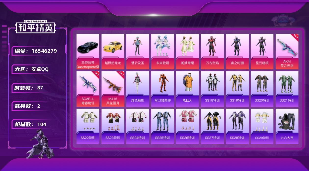 和平精英账号安卓QQ安卓 手Q-6粉装-4特效枪-2载具-1粉色飞行器-40797热力值-7王牌印记-87套装-104枪