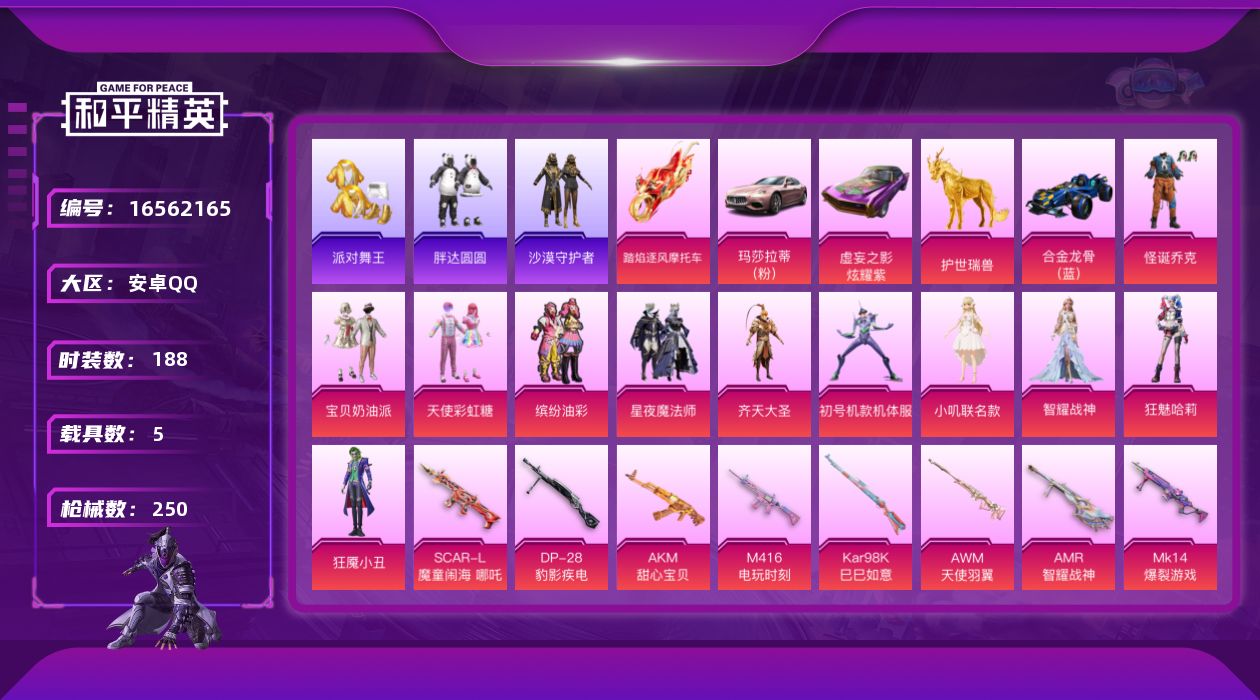 和平精英账号安卓QQ5载具-188套装-250枪皮-【5载具 9特效枪 14粉装 250枪皮 188套装】怪诞乔克/怪诞