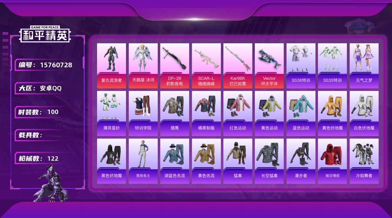 和平精英账号安卓QQ【0载具 4特效枪 2粉装 122枪皮 100套装】3.5w热力值,老实芭蕉/小丑鱼/漫步者/复仇流