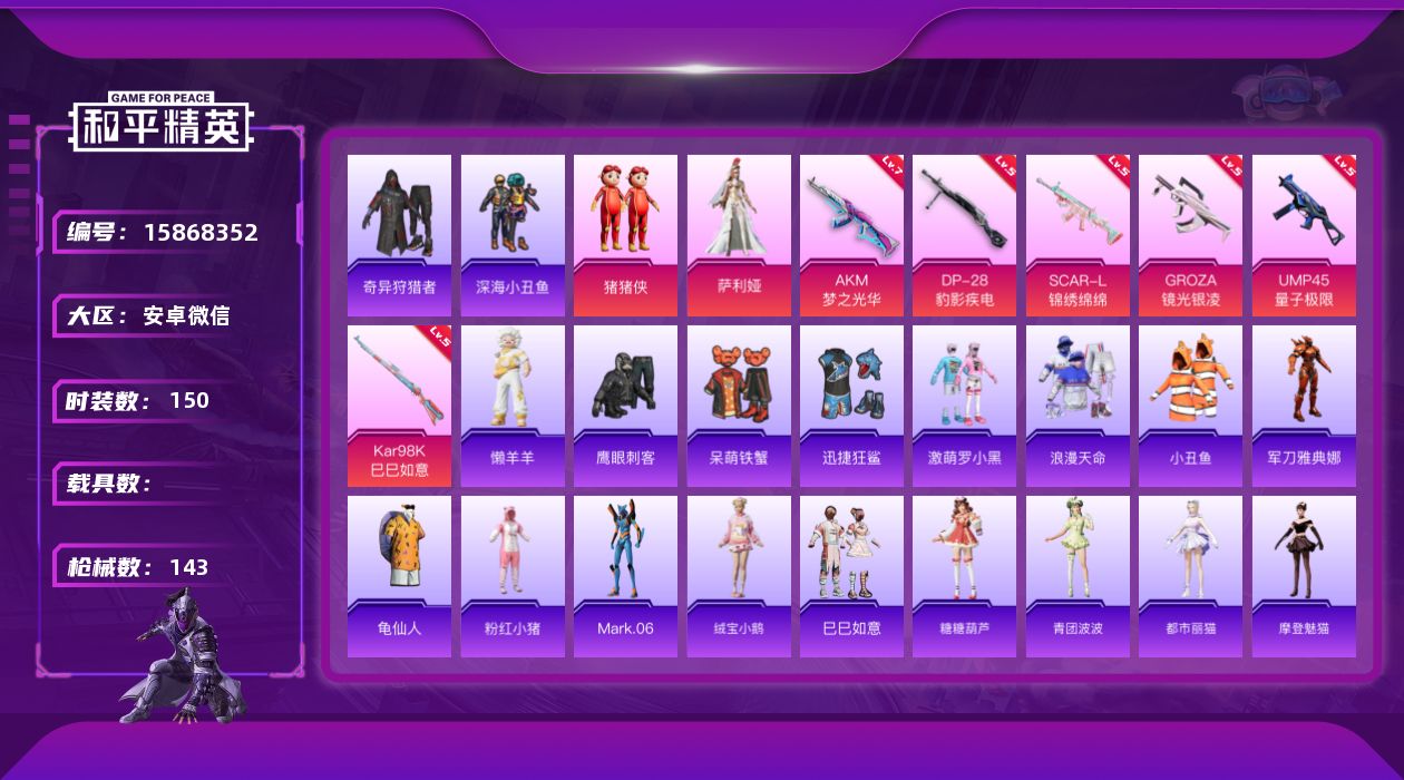 和平精英账号安卓微信[15868352]安卓 微信-2粉装-6特效枪-0载具-0粉色飞行器-46006热力值-12王牌印记-150套装-143枪皮 满天赋
【热门品类】：套装-浪漫天命，套装-深海小丑鱼，套装-小丑鱼，套