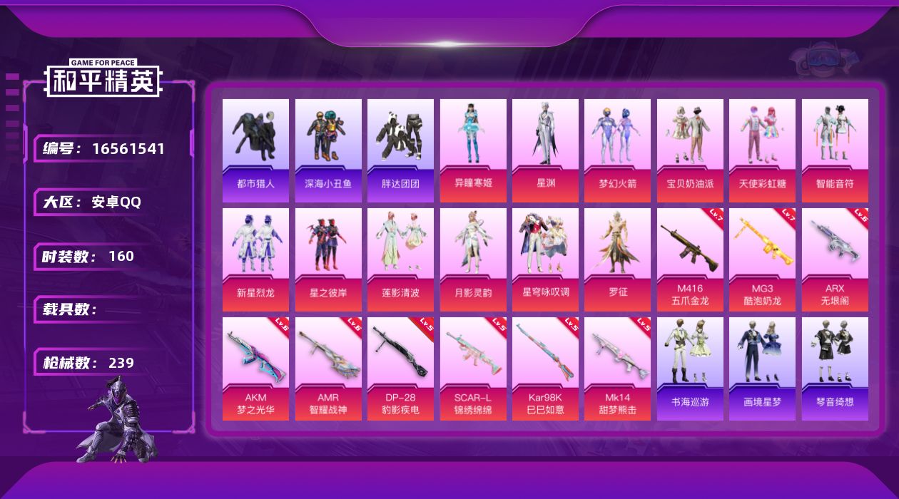 和平精英账号安卓QQ[16561541]安卓 手Q-12粉装-10特效枪-0载具-3粉色飞行器-73258热力值-11王牌印记-160套装-239枪皮
【热门品类】：粉装-梦幻火箭，套装-浪漫天命，套装-都市猎人，套装-