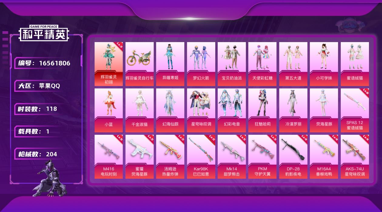 和平精英账号苹果QQ[16561806]苹果 手Q-1神装-15粉装-15特效枪-1载具-9粉色飞行器-69741热力值-9王牌印记-118套装-204枪皮
【红色神装等级】：辉羽雀灵-初翊(三级)
【红色角色神装】：辉