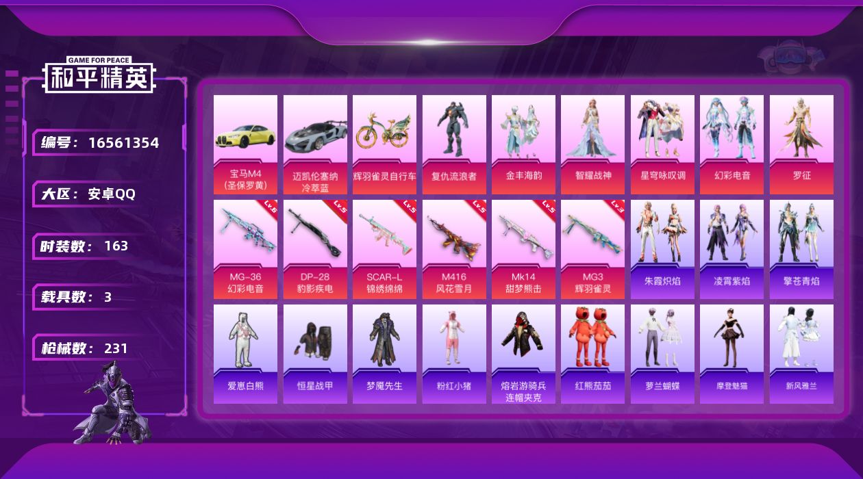 和平精英账号安卓QQ[16561354]安卓 手Q-6粉装-6特效枪-3载具-4粉色飞行器-73078热力值-10王牌印记-163套装-231枪皮
【热门品类】：套装-SS1特训，套装-粉红小猪，熔岩游骑兵连帽夹克，套装