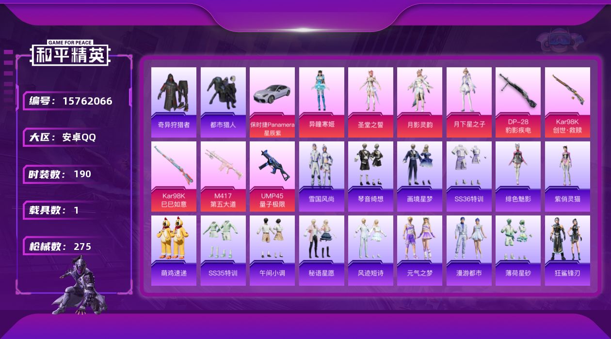 和平精英账号安卓QQ1载具-190套装-275枪皮-【1载具 5特效枪 4粉装 275枪皮 190套装】7.9w热力值,