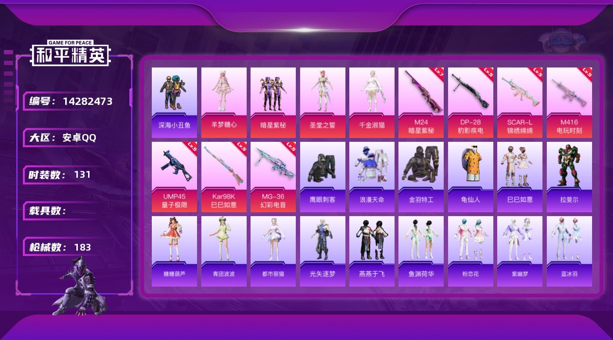 和平精英账号安卓QQ[14282473]安卓 手Q-4粉装-7特效枪满天赋-55670热力值-11王牌印记-131套装-183枪皮
【热门品类】：套装-浪漫天命，套装-深海小丑鱼，套装-金羽特工，套装-龟仙人
【粉色套装