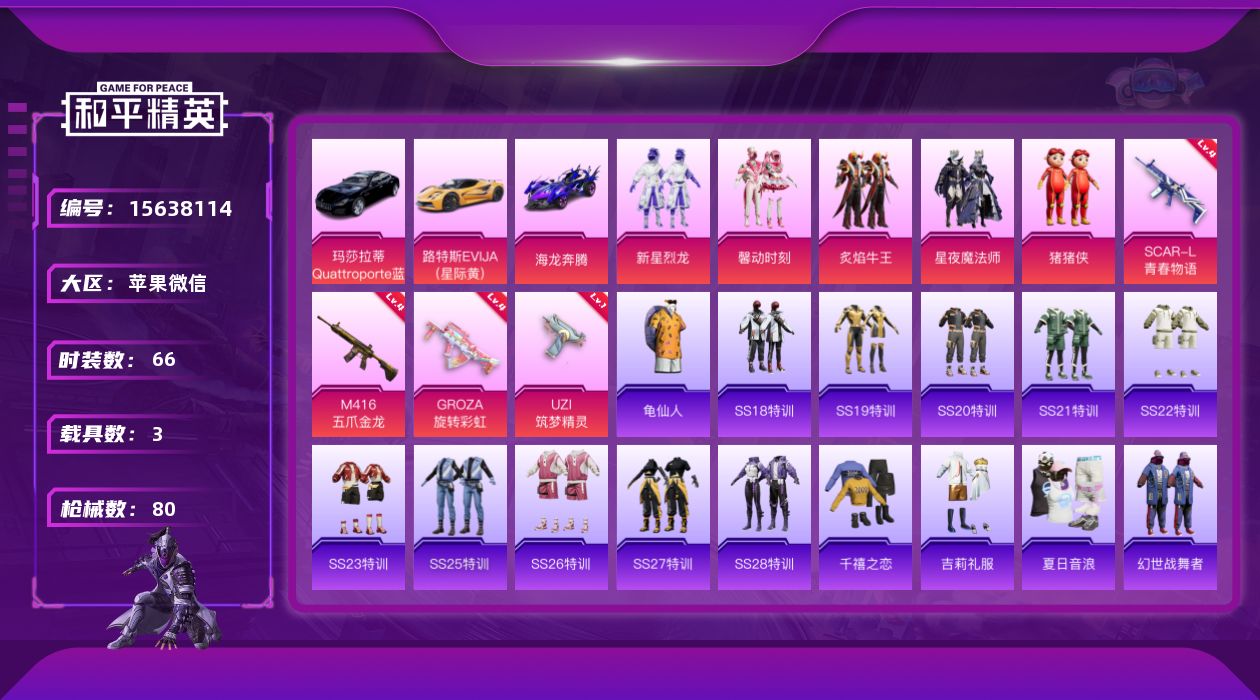 和平精英账号苹果微信[15638114]苹果 微信-5粉装-4特效枪-3载具-3粉色飞行器-34386热力值-6王牌印记-66套装-80枪皮
【热门品类】：套装-龟仙人
【粉色套装】：粉装-新星烈龙，粉装-馨动时刻，粉装