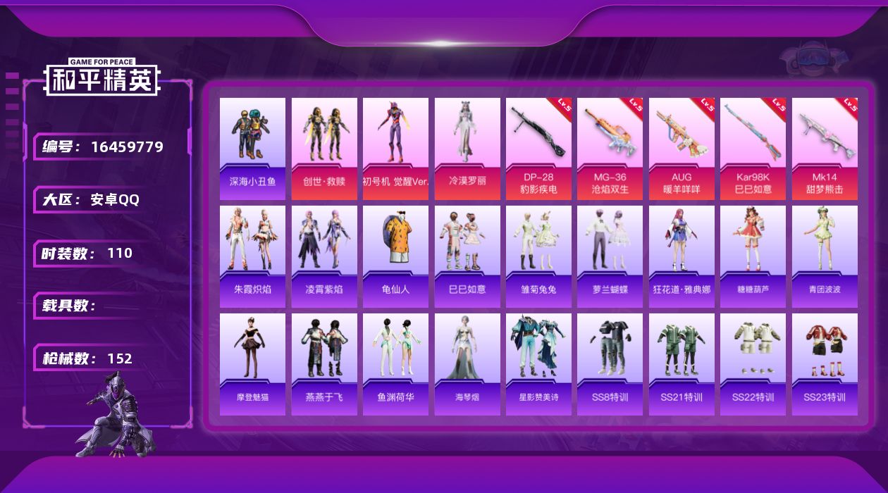 和平精英账号安卓QQ[16459779]【特价出售/店主推荐】安卓，手Q-3粉装-5特效枪-0载具-1粉色飞行器-41601热力值-11王牌印记-110套装-152枪皮【热门品类】：套装-深海小丑鱼，套装-龟仙人【粉色套