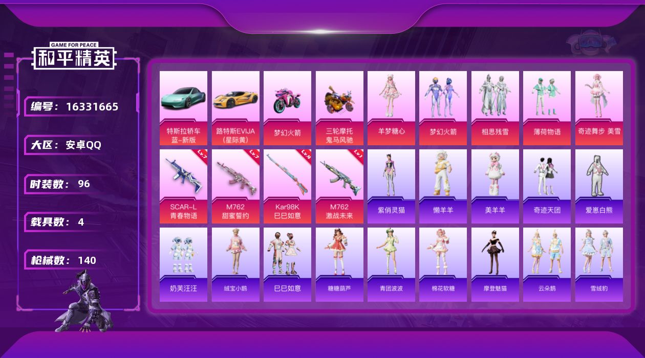 和平精英账号安卓QQ[16331665]安卓 手Q-5粉装-4特效枪-4载具-1粉色飞行器-45510热力值-3王牌印记-96套装-140枪皮
【热门品类】：粉装-梦幻火箭
【粉色套装】：粉装-梦幻火箭，粉装-相思残雪，