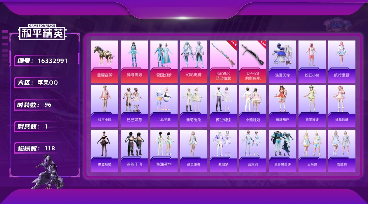 和平精英账号苹果QQ[16332991]【特价出售/店主推荐】苹果 手Q-4粉装-2特效枪-1载具-1粉色飞行器-30996热力值-5王牌印记-96套装-118枪皮
【热门品类】：粉装-雪国幻梦，套装-浪漫天命，套装-粉