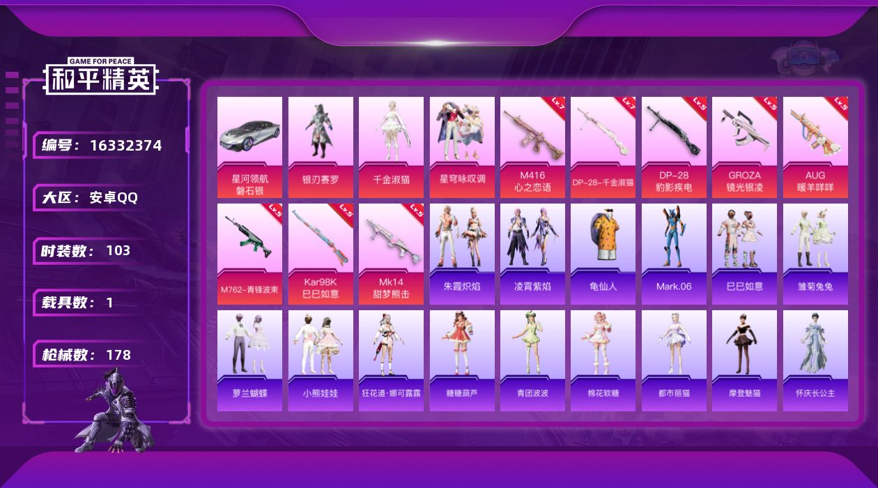 和平精英账号安卓QQ[16332374]【特价出售/店主推荐】安卓 手Q-3粉装-8特效枪-1载具-0粉色飞行器-54186热力值-9王牌印记-103套装-178枪皮
【热门品类】：套装-龟仙人，角色-Mark.06
【