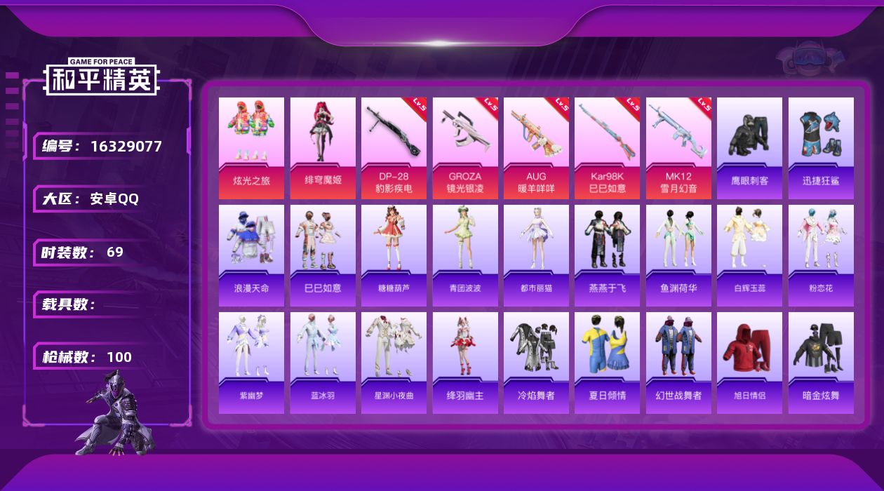 和平精英账号安卓QQ[16329077]【店主推荐捡漏号！可直接换绑】安卓 手Q-2粉装-5特效枪-0载具-1粉色飞行器-25299热力值-2王牌印记-69套装-100枪皮
【热门品类】：套装-浪漫天命
【粉色套装】：粉