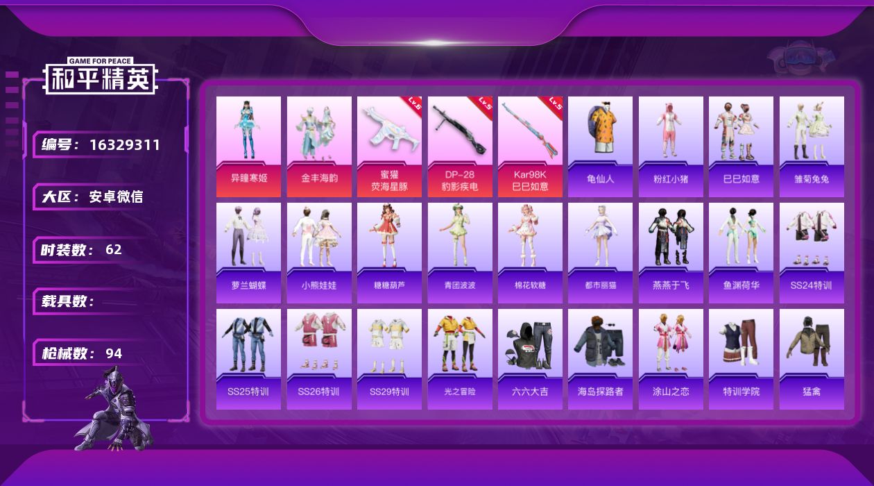 和平精英账号安卓微信[16329311]【特价出售/店主推荐】安卓 微信-2粉装-3特效枪-0载具-0粉色飞行器-25292热力值-5王牌印记-62套装-94枪皮
【热门品类】：套装-龟仙人，套装-粉红小猪
【粉色套装】