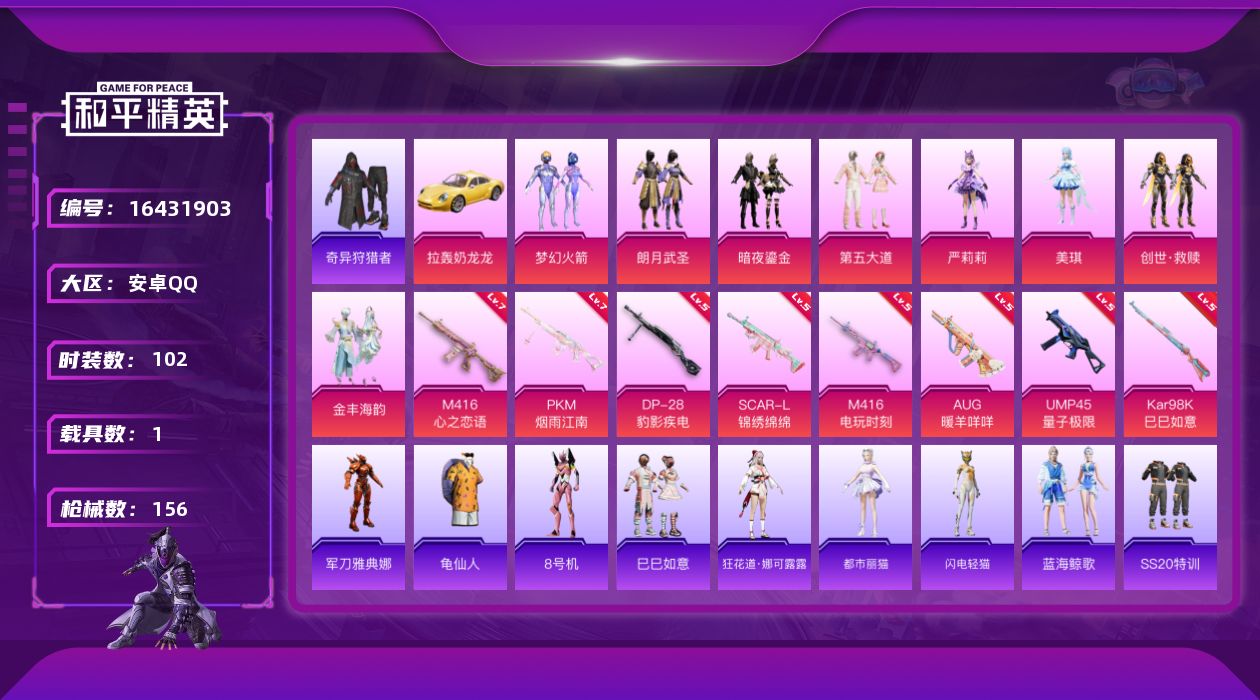 和平精英账号安卓QQ[16431903]【特价出售/店主推荐】安卓 手Q-8粉装-9特效枪-1载具-2粉色飞行器-50925热力值-12王牌印记-102套装-156枪皮
【热门品类】：粉装-梦幻火箭，套装-奇异狩猎者，角