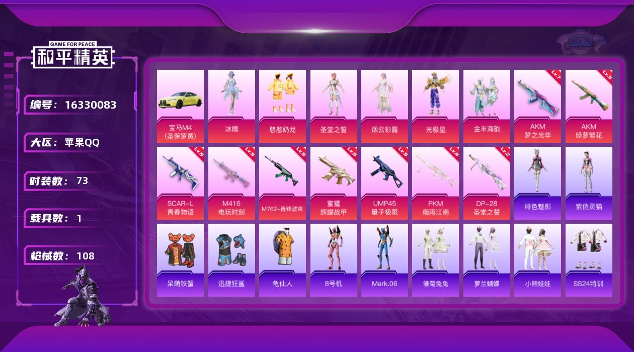 和平精英账号苹果QQ[16330083]【店主推荐捡漏号！可直接换绑】地铁满天赋 苹果 手Q-6粉装-9特效枪-1载具-4粉色飞行器-40087热力值-5王牌印记-73套装-108枪皮
【热门品类】：套装-龟仙人，角色-