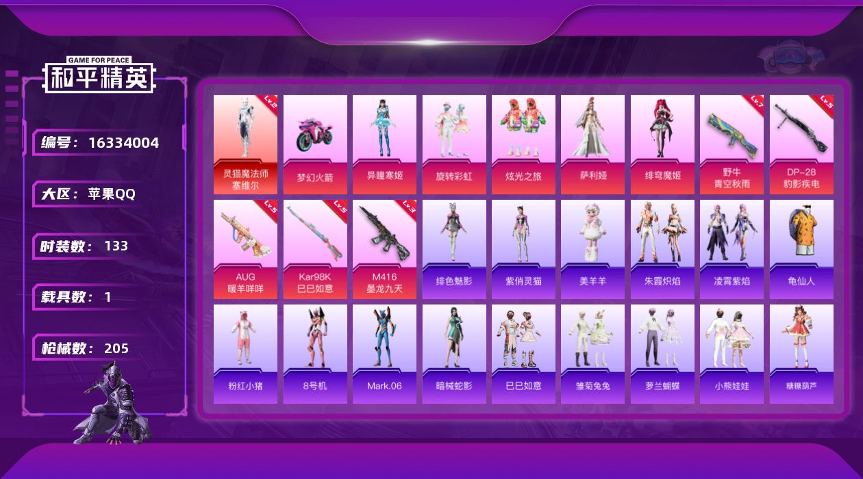 和平精英账号苹果QQ[16334004]【店主推荐捡漏号！可直接换绑】苹果 手Q-1神装-5粉装-5特效枪-1载具-3粉色飞行器-65381热力值-9王牌印记-133套装-205枪皮【红色神装等级】：灵猫魔法师-塞维尔(