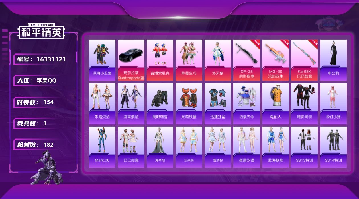 和平精英账号苹果QQ[16331121]【店主推荐捡漏号！可直接换绑】苹果 手Q-3粉装-3特效枪-1载具-1粉色飞行器-55762热力值-17王牌印记-154套装-182枪皮【热门品类】：粉装-音爆索尼克，套装-浪漫天