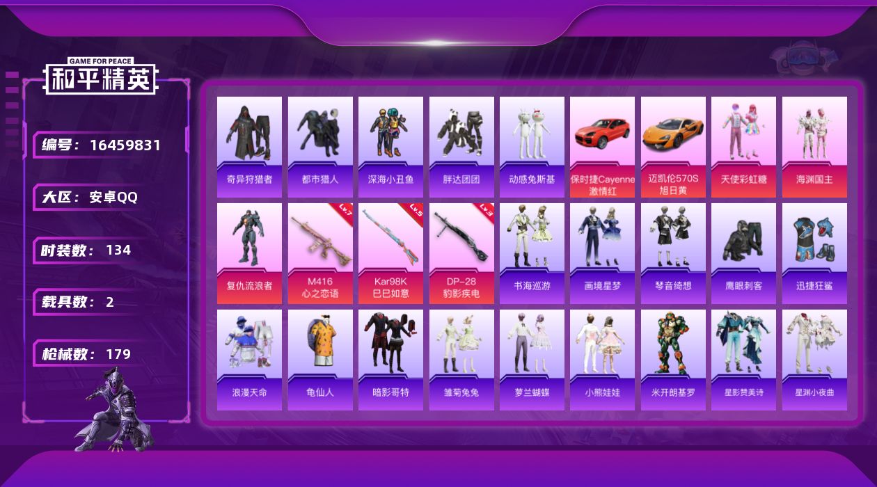 和平精英账号安卓QQ[16459831]【特价出售/店主推荐】安卓 手Q-3粉装-3特效枪-2载具-0粉色飞行器-52818热力值-11王牌印记-134套装-179枪皮
【热门品类】：套装-浪漫天命，套装-都市猎人，套装