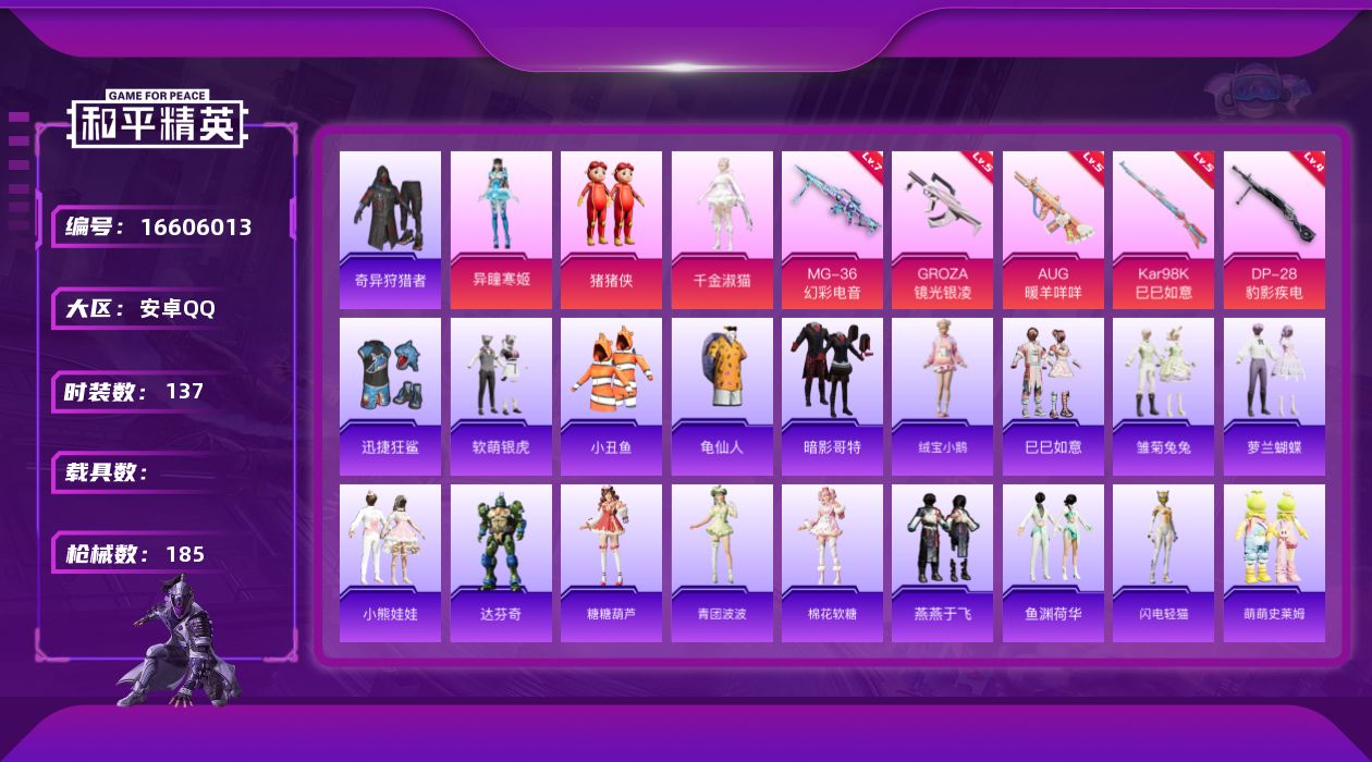 和平精英账号安卓QQ[16606013]【店主推荐捡漏号！可直接换绑】安卓 手Q-3粉装-5特效枪-0载具-0粉色飞行器-51355热力值-8王牌印记-137套装-185枪皮【热门品类】：套装-小丑鱼，套装-奇异狩猎者，