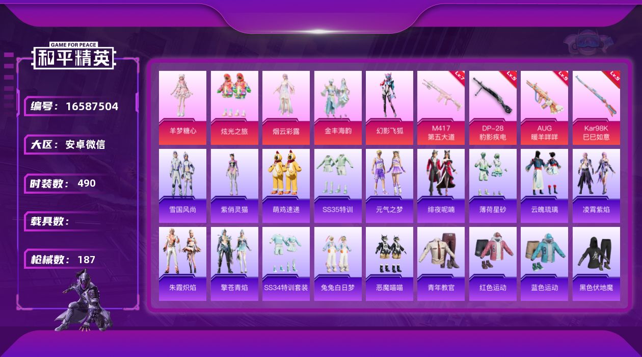 和平精英账号安卓微信[16587504]5粉装 4特效枪 14印记 可二次 可修改实名 
【热门装扮】幻影飞狐,羊梦糖心