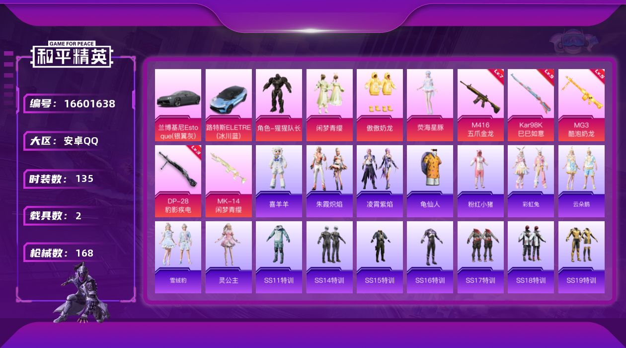 和平精英账号安卓QQ[16601638]【店主推荐捡漏号】安卓 手Q-4粉装-5特效枪-2载具-2粉色飞行器-56673热力值-11王牌印记-135套装-168枪皮【热门品类】：套装-龟仙人，套装-粉红小猪【粉色套装】：
