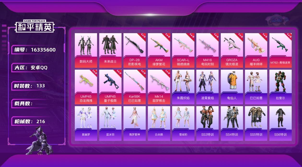 和平精英账号安卓QQ[16335600]【店主推荐捡漏号！可直接换绑】安卓 手Q-2粉装-11特效枪-0载具-0粉色飞行器-57642热力值-3王牌印记-133套装-216枪皮【热门品类】：套装-龟仙人【粉色套装】：粉装