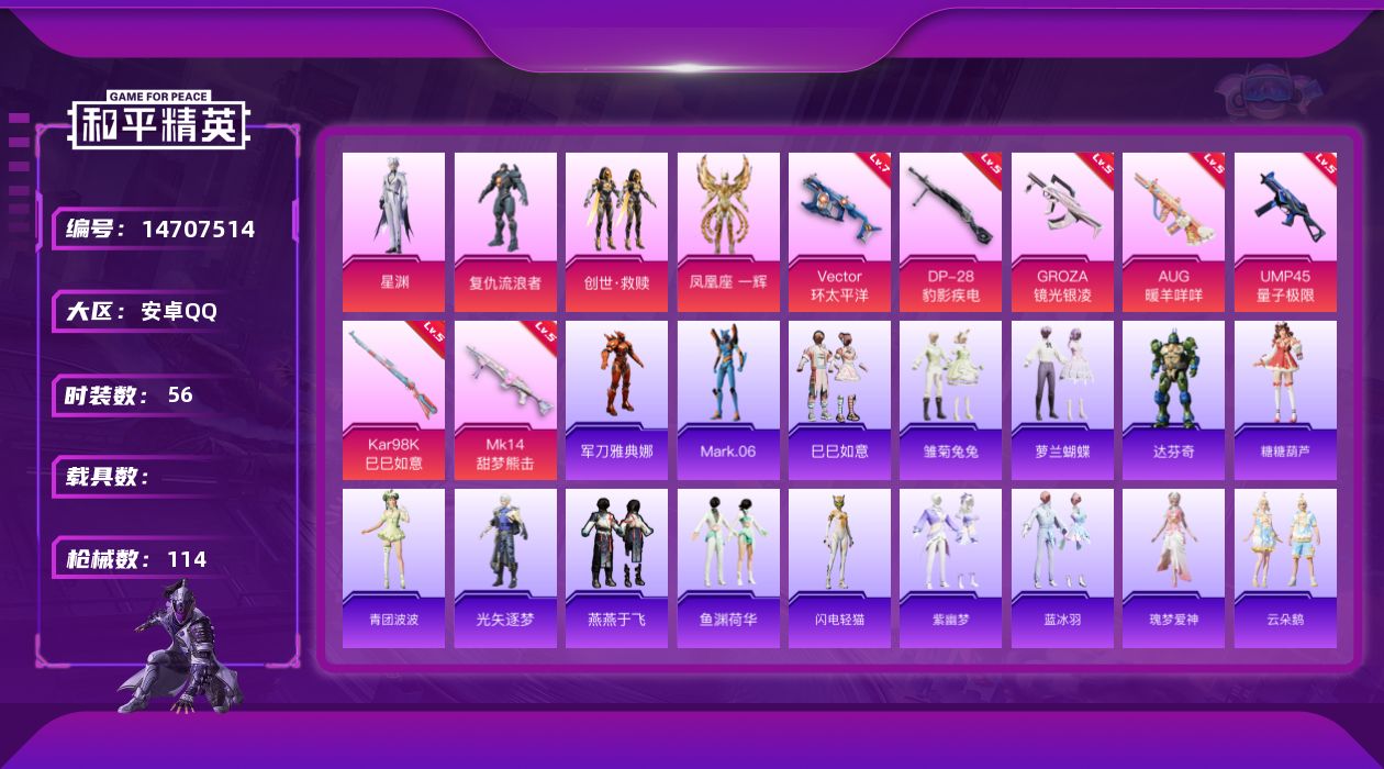 和平精英账号安卓QQ[14707514]安卓 手Q-4粉装-7特效枪- -1粉色飞行器-30666热力值-2王牌印记-56套装-114枪皮满天赋
【热门品类】：角色-军刀雅典娜，角色-Mark.06
【粉色套装】：角色-