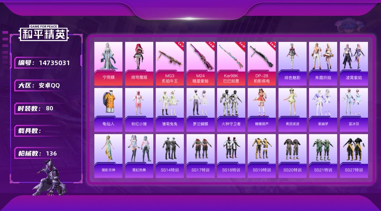 和平精英账号安卓QQ[14735031]安卓 手Q-2粉装-4特效枪-0载具-1粉色飞行器-35626热力值-2王牌印记-80套装-136枪皮
【热门品类】：套装-龟仙人，套装-粉红小猪
【粉色套装】：角色-宁雨蝶，角色