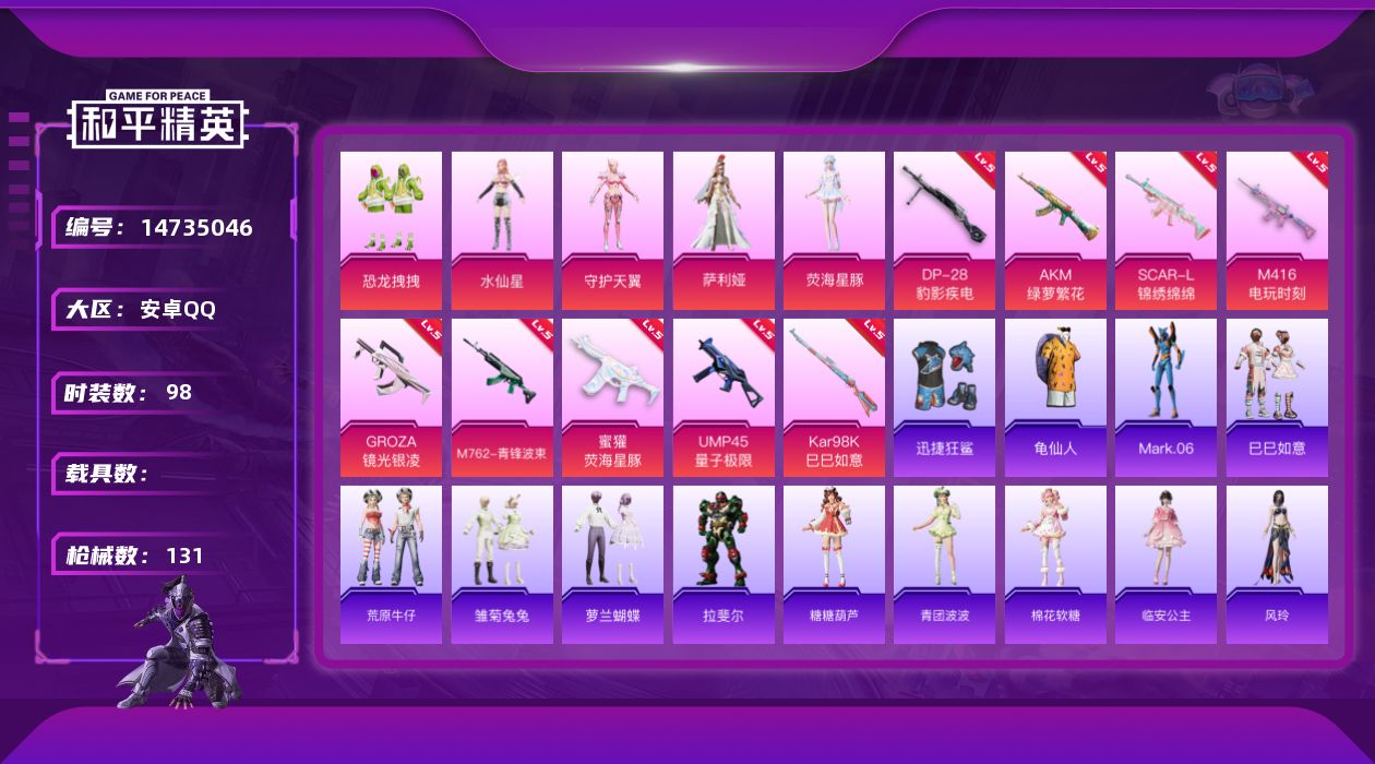 和平精英账号安卓QQ[14735046]安卓 手Q-满天赋5粉装-9特效枪-0载具-1粉色飞行器-42657热力值-8王牌印记-98套装-131枪皮
【热门品类】：套装-龟仙人，角色-Mark.06
【粉色套装】：粉装-