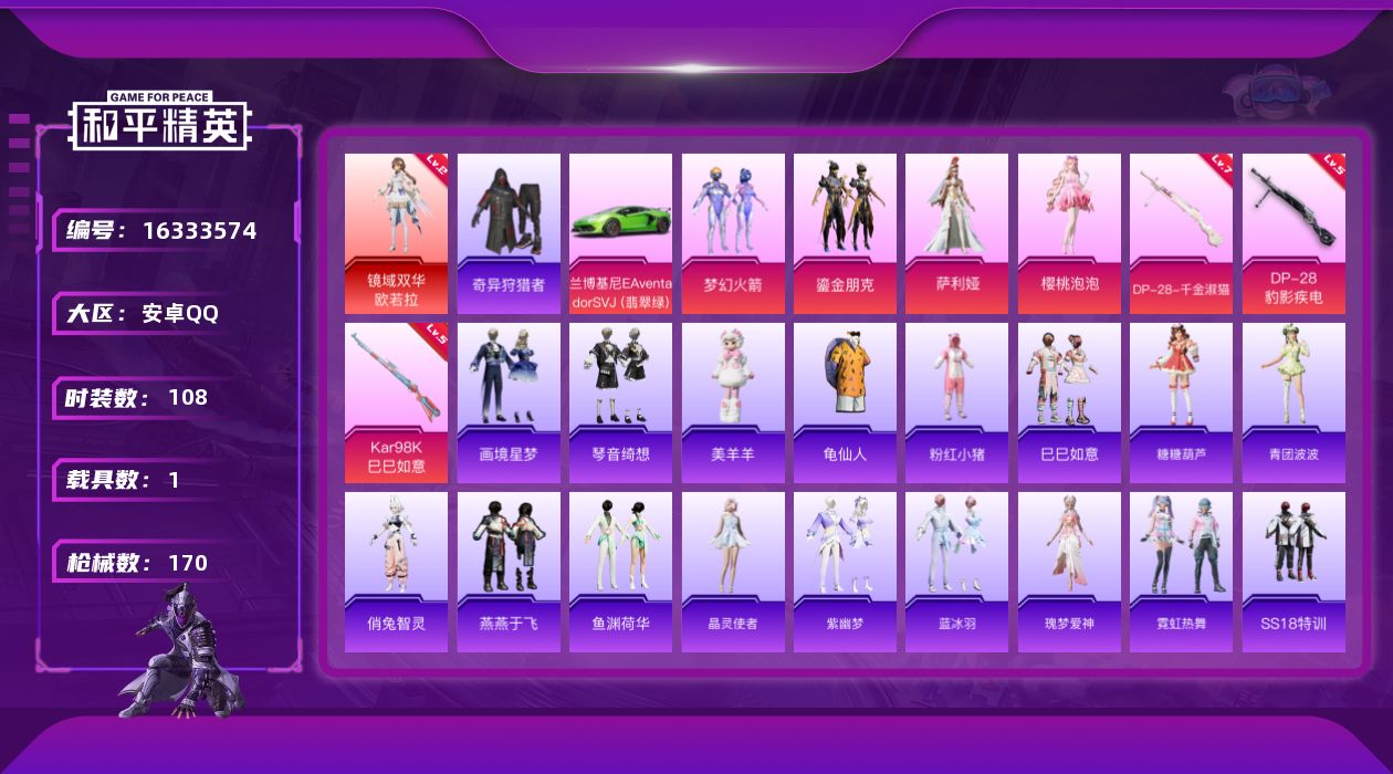 和平精英账号安卓QQ[16333574]【特价出售/店主推荐】安卓 手Q-1神装-4粉装-3特效枪-1载具-4粉色飞行器-5w热力值-7王牌印记-108套装-170枪皮
【红色神装等级】：镜域双华-欧若拉(二级)
【红色