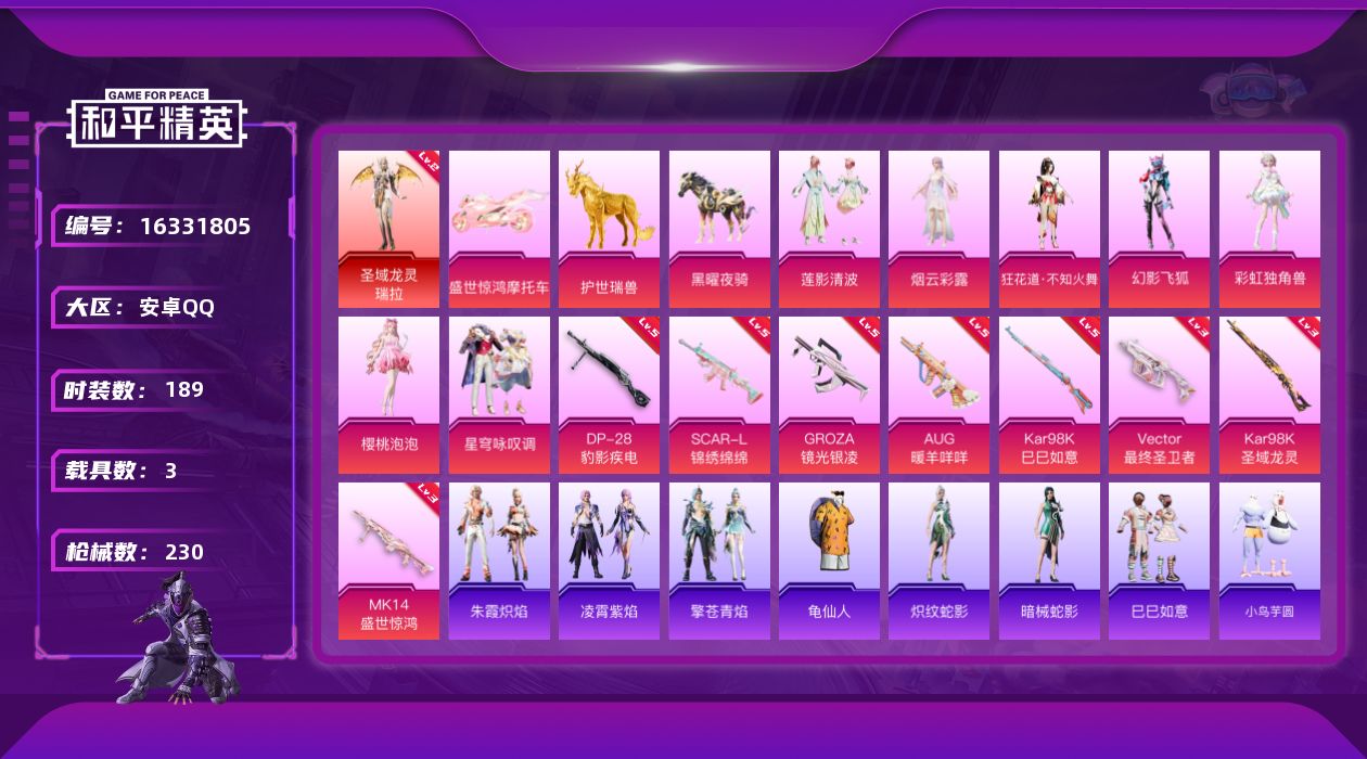 和平精英账号安卓QQ[16331805]【特价出售/店主推荐】 安卓 手Q-1神装-7粉装-8特效枪-3载具-8粉色飞行器-7.9w热力值-8王牌印记-189套装-230枪皮【红色神装等级】：圣域龙灵-瑞拉(二级)【红色