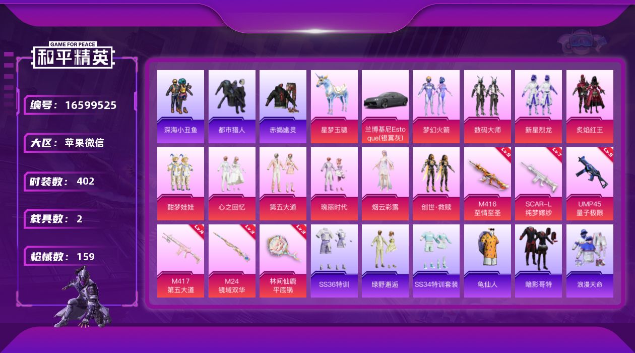 和平精英账号苹果微信2载具-108套装-159枪皮-赤蝎幽灵 都市猎人 满级至情至圣-5稀有2载具11粉装6特效枪532