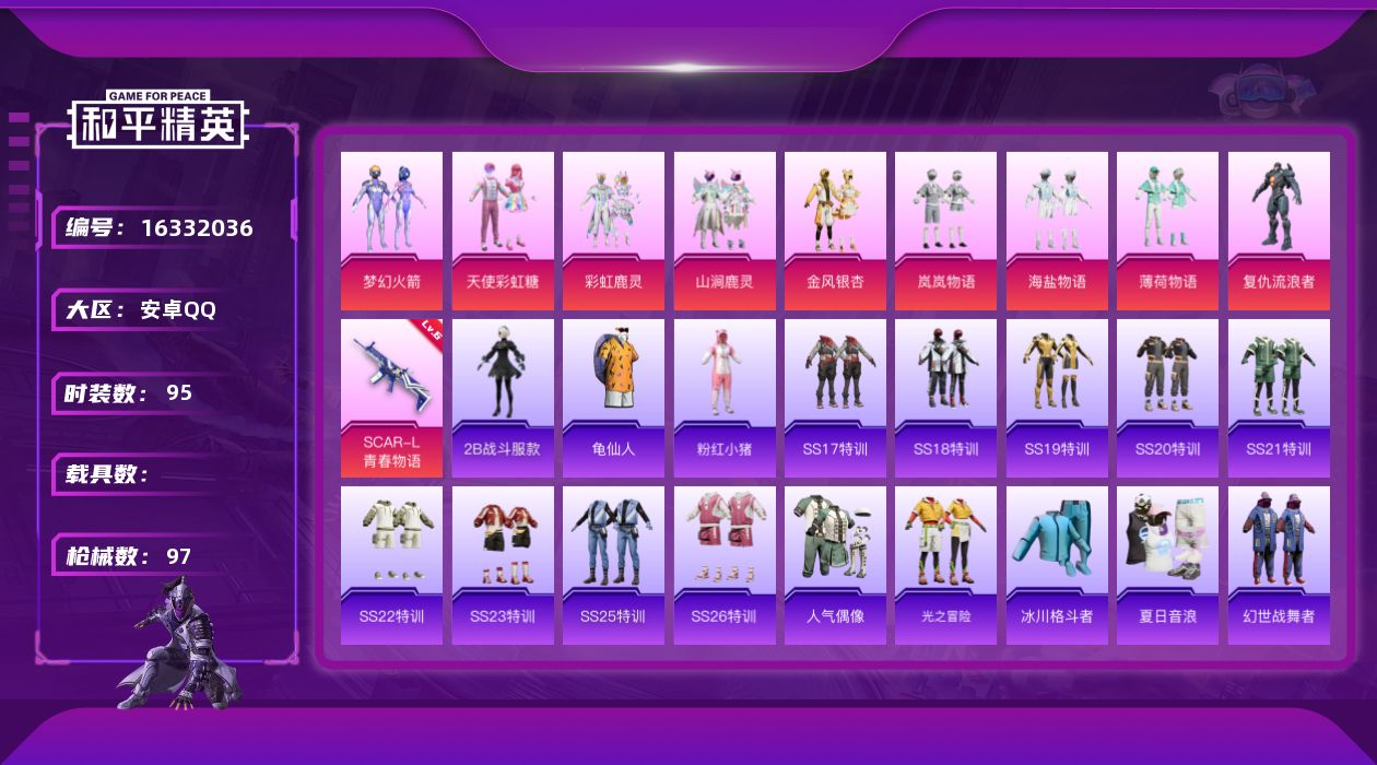 和平精英账号安卓QQ[16332036]【特价出售/店主推荐】安卓 手Q-9粉装-1特效枪-0载具-0粉色飞行器-34752热力值-6王牌印记-95套装-97枪皮
【热门品类】：粉装-梦幻火箭，角色-2B战斗服款，套装-