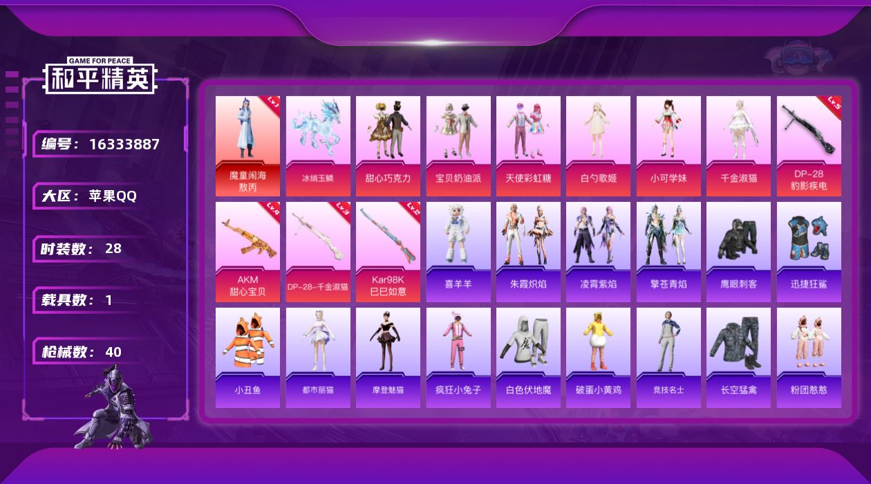 和平精英账号苹果QQ[16333887]【店主推荐捡漏号！可直接换绑】苹果 手Q-1神装-6粉装-4特效枪-1载具-3粉色飞行器-15790热力值-1王牌印记-28套装-40枪皮【红色神装等级】：魔童闹海-敖丙(一级)【