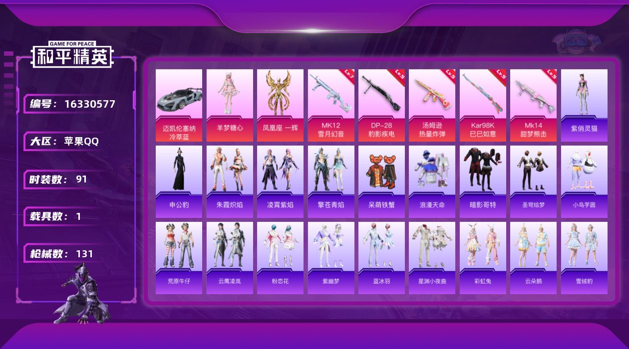 和平精英账号苹果QQ[16330577]【特价出售/店主推荐】 地铁满天赋 苹果 手Q-2粉装-5特效枪-1载具-3粉色飞行器-36725热力值-5王牌印记-91套装-131枪皮【热门品类】：套装-浪漫天命，套装-暗影哥