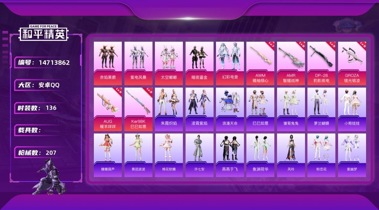 和平精英账号安卓QQ[14713862]安卓 手Q-5粉装-6特效枪-1粉色飞行器-55546热力值-6王牌印记-136套装-207枪皮
【热门品类】：套装-浪漫天命
【粉色套装】：粉装-赤焰黑爵，粉装-紫电风暴，粉装-