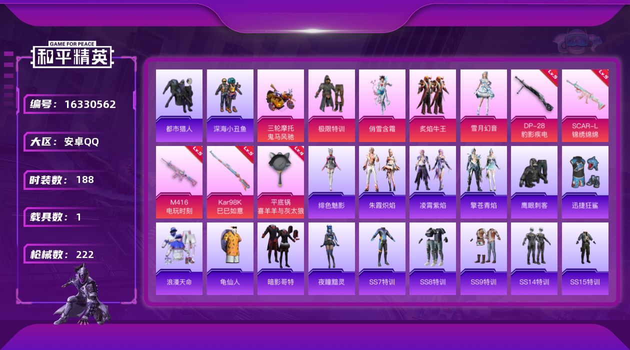 和平精英账号安卓QQ[16330562]安卓 手Q-4粉装-5特效枪-1载具-1粉色飞行器-68758热力值-14王牌印记-188套装-222枪皮
【热门品类】：套装-浪漫天命，套装-都市猎人，套装-深海小丑鱼，套装-龟