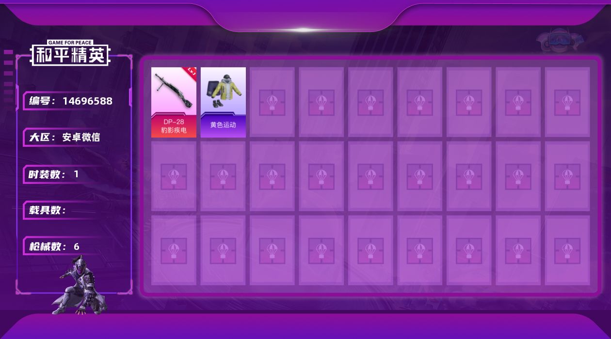 和平精英账号安卓微信[14696588]安卓 微信-0粉装-1特效枪-0载具-0粉色飞行器-1210热力值-0王牌印记-1套装-6枪皮
【粉色枪皮等级】：DP-28-豹影疾电(一级)
【粉色枪皮】：DP-28-豹影疾电
