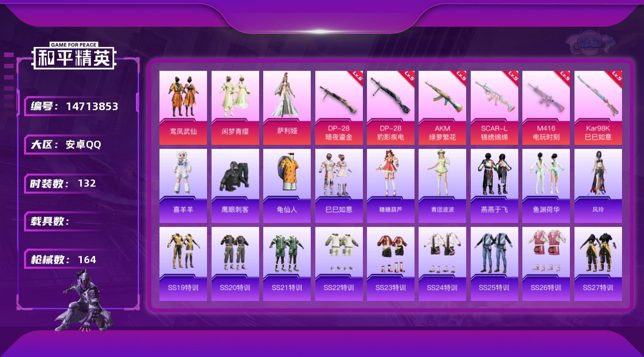 和平精英账号安卓QQ[14713853]安卓 手Q-3粉装-6特效枪-45961热力值-4王牌印记-132套装-164枪皮
【热门品类】：套装-龟仙人
【粉色套装】：粉装-鸾凤武仙，粉装-闲梦青缨，角色-萨利娅
【粉色枪