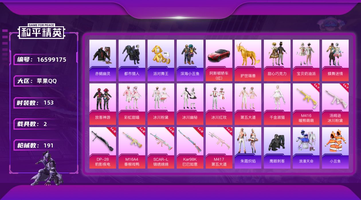和平精英账号苹果QQ[16599175]【特价出售/店主推荐】
苹果 手Q-10粉装-7特效枪-2载具-4粉色飞行器-64524热力值-10王牌印记-153套装-191枪皮
【热门品类】：套装-浪漫天命，套装-赤蝎幽灵，