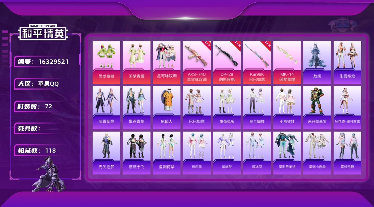 和平精英账号苹果QQ[16329521]【店主推荐捡漏号！可直接换绑】苹果 手Q-3粉装-4特效枪-0载具-0粉色飞行器-33418热力值-7王牌印记-72套装-118枪皮【热门品类】：套装-龟仙人【粉色套装】：粉装-恐