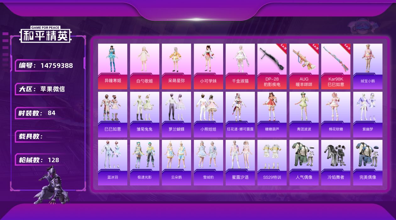 和平精英账号苹果微信[14759388]TY491-可二次-精品女号-0违规-地铁满天赋-苹果 微信-5粉装-3特效枪-0载具-1粉色飞行器-32638热力值-5王牌印记-84套装-128枪皮
【粉色套装】：角色-白勺歌