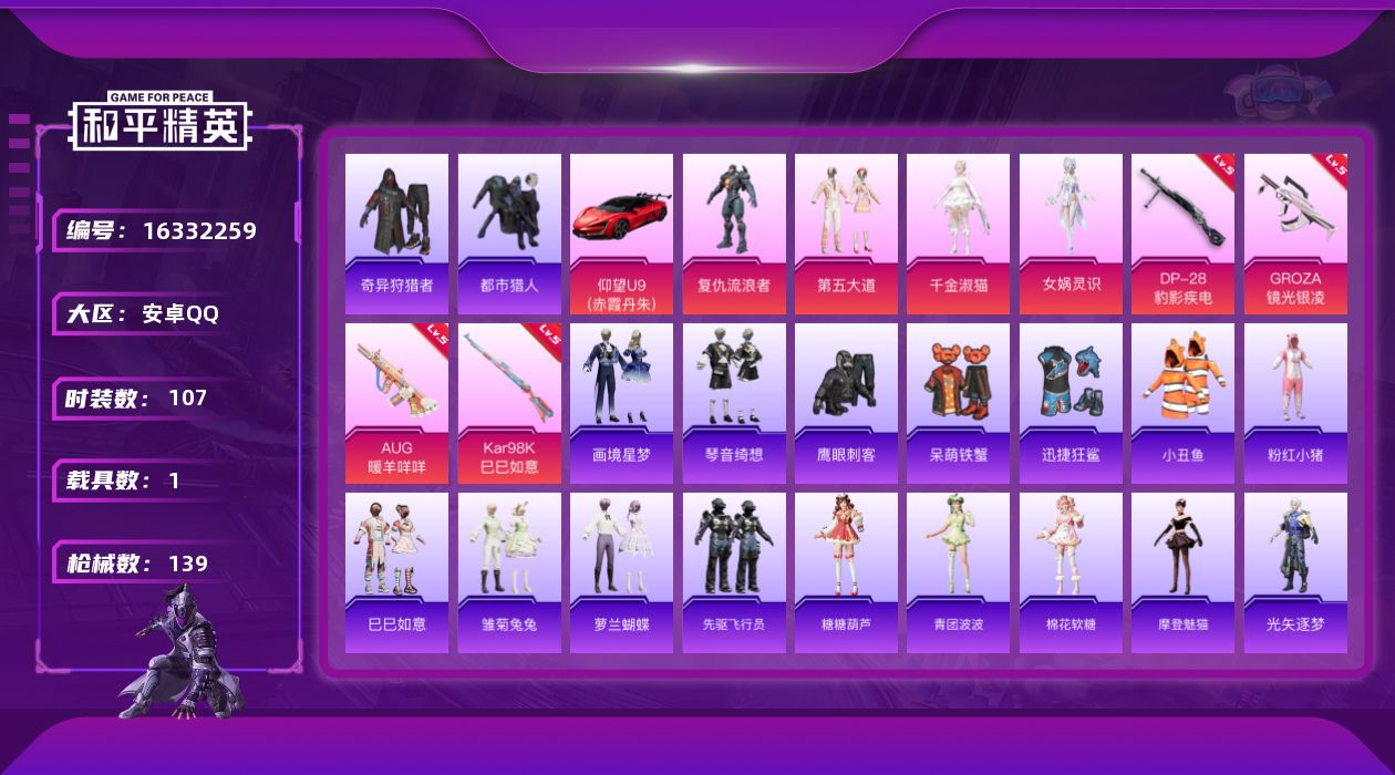 和平精英账号安卓QQ[16332259]【特价出售/店主推荐】 安卓 手Q-4粉装-4特效枪-1载具-1粉色飞行器-41656热力值-5王牌印记-107套装-139枪皮【热门品类】：套装-都市猎人，套装-小丑鱼，套装-奇