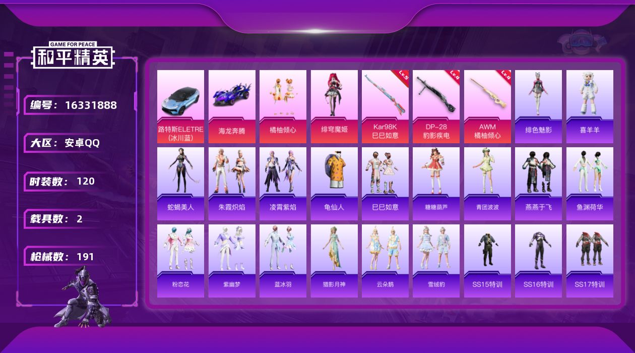 和平精英账号安卓QQ[16331888]安卓 手Q-2粉装-3特效枪-2载具-3粉色飞行器-57136热力值-13王牌印记-120套装-191枪皮【热门品类】：套装-龟仙人【粉色套装】：粉装-橘柚倾心，角色-绯穹魔姬【粉