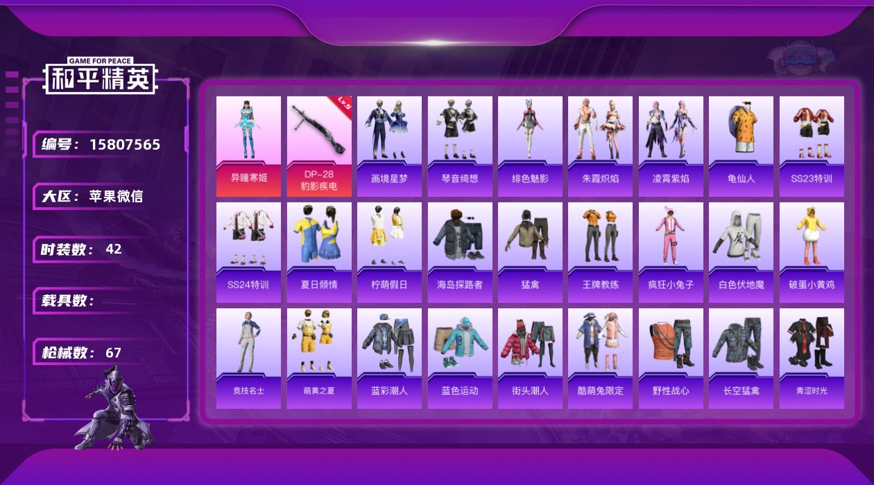 和平精英账号苹果微信[15807565]可二次-0违规-苹果微信-1粉装-2特效枪-0载具-1粉色飞行器-16017热力值-4王牌印记-42套装-67枪皮
【热门品类】：套装-龟仙人
【粉色套装】：角色-异瞳寒姬
【粉色